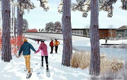 Dossier de presse | 2647-02 - Communiqué de presse | Concours international d’idéesRêvons nos rivières : trois lauréats au concours pour quatre rivières - Ville de Québec - Design urbain -  Premier prix&nbsp;-&nbsp;Beauport River at Proposed « Boulevard » Félix Leclerc<br><br>        The Beauport Linear Park is to be extended and can continue below the overpass of the upgraded boulevard. Banks are shown to be renaturalized in this area. The river terminus is designed as a multi-use wooden dock.&nbsp;<br>  - Crédit photo : L’équipe CADASTER