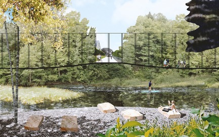 Dossier de presse | 2647-02 - Communiqué de presse | Concours international d’idéesRêvons nos rivières : trois lauréats au concours pour quatre rivières - Ville de Québec - Design urbain -  Premier prix&nbsp;-&nbsp;River Terminus of Headwater Lot Near Park Chauveau<br><br>        The headwater lot in suburban areas is imagined as an expanded public space that provides a strong access to the rivers. The river terminus in wide riparian corridors is considered to have a minimal intervention for public interaction. Gravel beach on the inner bend meanders and a suspended walkways are proposed here.&nbsp;<br>  - Crédit photo : L’équipe CADASTER