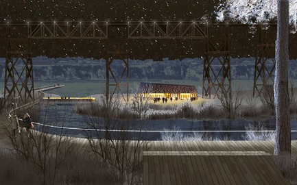 Dossier de presse | 2647-02 - Communiqué de presse | Concours international d’idéesRêvons nos rivières : trois lauréats au concours pour quatre rivières - Ville de Québec - Design urbain -  Premier prix&nbsp;-&nbsp;River Terminus of Headwater Lot Near Rue Provancher<br><br>        The proposed Trestle Park is designed to have a market building and outdoor seating area below the Trestle. The terminus here is shown as wooden deck that connects the proposed Vieux-Cap-Rouge plaza to the Trestle Park and Marina area where the Saint Lawrence pier is extended.<br>  - Crédit photo : L’équipe CADASTER