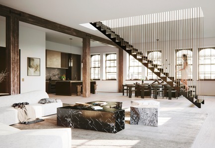 Dossier de presse | 3127-01 - Communiqué de presse | NYC Loft - DJDS - Dorothee Junkin Design Studio - Design d’intérieur résidentiel - NYC Loft, Great Room towards Dining Area &amp; Kitchen - Crédit photo : DJDS - Dorothee Junkin Design Studio