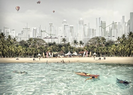 Dossier de presse | 2560-02 - Communiqué de presse | A 58 km2 Visionary Master Plan, Jakarta Jaya: the Green Manhattan, Wins a WAFX Prize - SHAU - Design urbain -         New tourism: a juxtaposition of white sandy beach with vertical green city - Crédit photo : @shauarchitects
