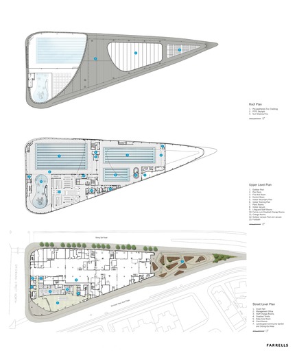 Dossier de presse | 1474-01 - Communiqué de presse | Hong Kong’s Kennedy Town Swimming Pool - Farrells - Architecture commerciale - Roof plan, pool deck plan, and ground floor plan. - Crédit photo : Farrells