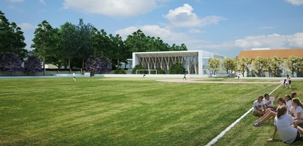 Dossier de presse | 2757-05 - Communiqué de presse | Parallax Architects and The Archer School for Girls Unveil "Archer Forward," a 21stCentury Campus Master Planwith an Historic Mission - Parallax Architects - Architecture institutionnelle -  New Athletic Center, as seen from the new athletic field for soccer and softball. - Crédit photo :  &nbsp;Parallax Architects/Shimahara Illustration  