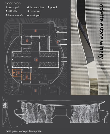 Dossier de presse | 3089-01 - Communiqué de presse | Odette Estate Winery - Signum Architecture LLP - Architecture industrielle -   The winery's layout and a concept sketch for its sliding panels illustrate its unique industrial design.&nbsp;   - Crédit photo :  Signum Architecture, LLP 