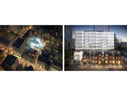 Press kit | 907-04 - Press release | 7 St. Thomas - Hariri Pontarini Architects - Commercial Architecture - Arial view rendering and Elevation rendering&nbsp; - Photo credit:  Norm Li