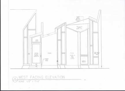 Dossier de presse | 3136-02 - Communiqué de presse | Butterfly Studio - Valerie Schweitzer Architects - Architecture résidentielle - Elevation shows the linkage of stucco and wood panels - Crédit photo : Drawing by Valerie Schweitzer AIA