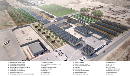 Press kit | 3202-01 - Press release | Coachella Valley High School Agriculture + Natural Resources Academy - PJHM Architects - Institutional Architecture -  CVHS Agriculture + Natural Resources - Site Aerial Program - Photo credit: PJHM Architects