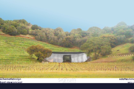 Dossier de presse | 3089-01 - Communiqué de presse | Odette Estate Winery - Signum Architecture LLP - Architecture industrielle - Front view concept rendering, Odette Estate Winery production facility. - Crédit photo : Signum Architecture, LLP