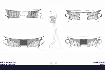 Dossier de presse | 3089-01 - Communiqué de presse | Odette Estate Winery - Signum Architecture LLP - Architecture industrielle - Concept sketches by principal Juancarlos Fernandez illustrate development of the sliding perforated-aluminum panels at the front of the building. - Crédit photo : Signum Architecture, LLP