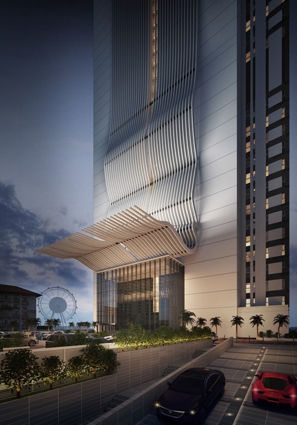 Press kit | 2318-01 - Press release | 1/JBR: Minimalist Opulence - EDGE - Residential Architecture - 1/JBR Entrance Night - Photo credit: EDGE | www.edgedesign.ae