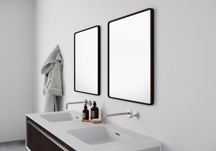 Press kit | 2342-02 - Press release | Introducing Déco Collection - WETSTYLE - Product - Déco Mirrors and Déco 60 inch floor-mount vanity. Wood finish: Oak Coffee Bean wood and white matte lacquer. Stainless steel finish: Brushed metal - Photo credit: WETSTYLE