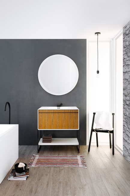 Press kit | 2342-02 - Press release | Introducing Déco Collection - WETSTYLE - Product -  Déco 36 inch floor-mount vanity. Wood finish: Mozambique wood and white matte lacquer. Stainless steel finish: matte black.  - Photo credit: WETSTYLE
