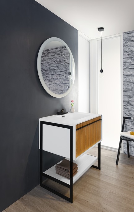 Press kit | 2342-02 - Press release | Introducing Déco Collection - WETSTYLE - Product - Déco 36 inch floor-mount vanity. Wood finish: Mozambique wood and white matte lacquer. Stainless steel finish: matte black. - Photo credit: WETSTYLE