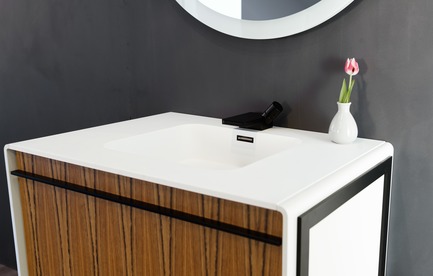 Press kit | 2342-02 - Press release | Introducing Déco Collection - WETSTYLE - Product - Déco 36 inch floor-mount vanity. Wood finish: Mozambique wood and white matte lacquer. Stainless steel finish: matte black. - Photo credit: WETSTYLE