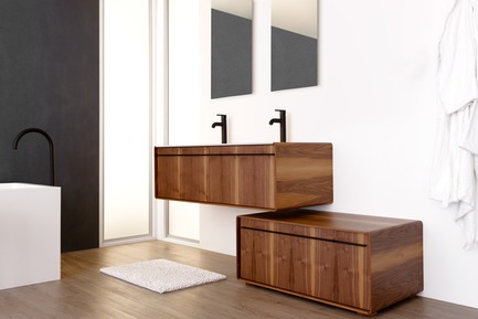 Press kit | 2342-02 - Press release | Introducing Déco Collection - WETSTYLE - Product - Déco 36 inch freestanding vanity and Déco 48 inch wall-mounted vanity. Wood finish: Walnut natural wood and. Stainless steel finish: matte black. - Photo credit: WETSTYLE