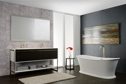 Press kit | 2342-02 - Press release | Introducing Déco Collection - WETSTYLE - Product - Déco 60 inch floor-mount vanity. Wood finish: Torrified Eucalyptus wood and white matte lacquer. Stainless steel finish: Satin brass. - Photo credit: WETSTYLE