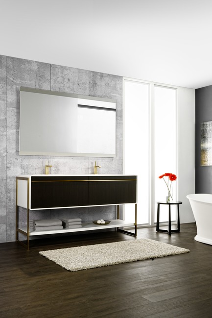 Press kit | 2342-02 - Press release | Introducing Déco Collection - WETSTYLE - Product - Déco 60 inch floor-mount vanity. Wood finish: Torrified Eucalyptus wood and white matte lacquer. Stainless steel finish: Satin brass. - Photo credit: WETSTYLE