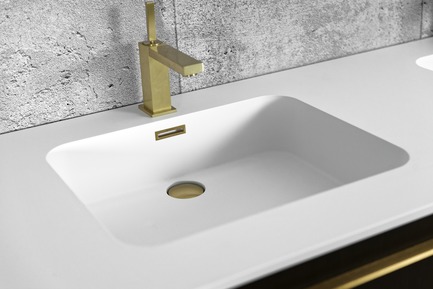 Press kit | 2342-02 - Press release | Introducing Déco Collection - WETSTYLE - Product -  Déco Countertop 60 inch. Vanity wood finish: Torrified Eucalyptus wood and white matte lacquer. Stainless steel finish: Satin brass.  - Photo credit: WETSTYLE