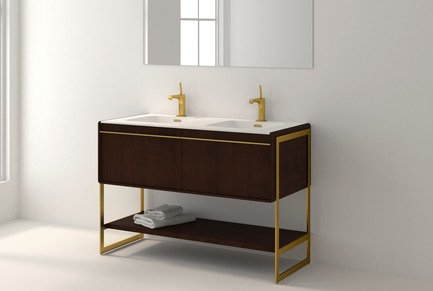Press kit | 2342-02 - Press release | Introducing Déco Collection - WETSTYLE - Product - Déco 48 inch floor-mount vanity. Wood finish: Oak Coffee Bean. Stainless steel finish: Satin brass metal.&nbsp; - Photo credit: WETSTYLE