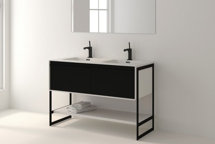 Press kit | 2342-02 - Press release | Introducing Déco Collection - WETSTYLE - Product - Déco 48 inch floor-mount vanity. Wood finish: Oak Black and White Matte lacquer. Stainless steel finish: Matte black metal.&nbsp; - Photo credit: WETSTYLE