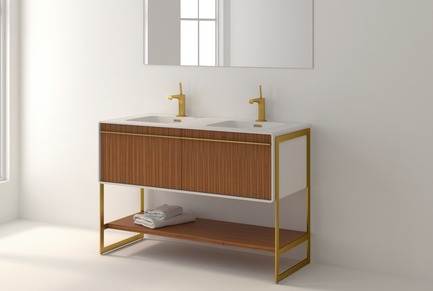 Press kit | 2342-02 - Press release | Introducing Déco Collection - WETSTYLE - Product - Déco 48 inch floor-mount vanity. Wood finish: Mozambique and White Matte lacquer. Stainless steel finish: Satin brass metal.&nbsp; - Photo credit: WETSTYLE