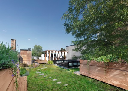 Press kit | 1054-01 - Press release | White canvas on a green roof - Martine Brisson designer d'intérieur - Residential Interior Design - Photo credit: Marc Cramer 