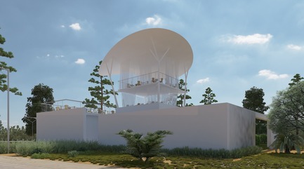 Dossier de presse | 1136-07 - Communiqué de presse | L'Agora Rurale de Sarah Mag Toumi de Bir Sallah(El Hencha), Tunisie - Philippe Barriere Collective Tn (PB+Co) - Architecture commerciale -   La conception est guidée par les principes d'Hybrid Architecte où la construction traditionnelle, les écosystèmes naturels et les réseaux numériques sont intégrés par conception. L'utilisation de l'acier est minimisée grâce à une structure de colonne légère innovante et à un auvent léger.<br>Des rideaux extérieurs protègent contre le soleil ou la pluie selon les besoins.<br>   - Crédit photo : Yosri Darboukadida