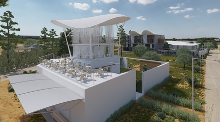 Dossier de presse | 1136-07 - Communiqué de presse | L'Agora Rurale de Sarah Mag Toumi de Bir Sallah(El Hencha), Tunisie - Philippe Barriere Collective Tn (PB+Co) - Architecture commerciale - Vue de l'arrêt d'autobus et de la porte d'entrée du Centre communautaire. La terrasse accueillante sert de scène principale pour profiter du beau paysage roulant doucement sans obstruction vers la ligne d'horizon (voir photo de paysage). - Crédit photo : Yosri Boukadida