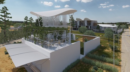 Dossier de presse | 1136-07 - Communiqué de presse | L'Agora Rurale de Sarah Mag Toumi de Bir Sallah(El Hencha), Tunisie - Philippe Barriere Collective Tn (PB+Co) - Architecture commerciale -  La terrace qui domine le panorama de la région est protégée par une tonnelle végétale qui temporise les ardeurs du soleil d' été et en hiver, quand les feuilles sont tombées, permet de se réchauffer au soleil.  - Crédit photo : Yosri Boukadida
