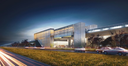 Dossier de presse | 865-32 - Communiqué de presse | Ambitieux et évocateur, le concept architectural et paysager du REM transformera le paysage urbain du Grand Montréal - Lemay - Design urbain -   REM - Station et vue de l'autoroute 40   - Crédit photo : Réseau express métropolitain (REM)