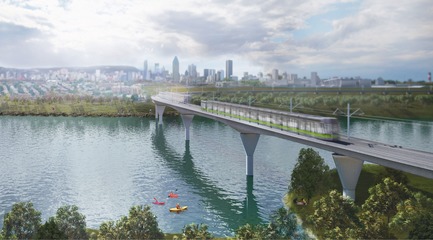 Dossier de presse | 865-32 - Communiqué de presse | Ambitieux et évocateur, le concept architectural et paysager du REM transformera le paysage urbain du Grand Montréal - Lemay - Design urbain -  REM - Pont Île-des-Sœurs&nbsp;  - Crédit photo : Réseau express métropolitain (REM)