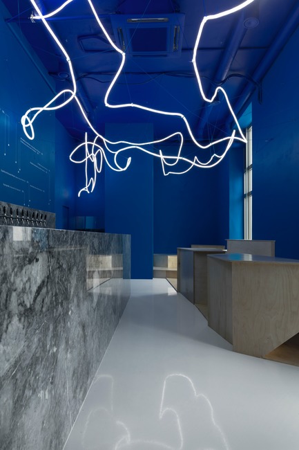 Press kit | 2247-04 - Press release | Galaxy Bar and Bottle Shop - Maxim Kashin Architects - Commercial Interior Design -  Neon flex light installation with grey marble, plywood custom furniture and 'himmelblau' blue walls  - Photo credit:  Dmitry&nbsp;Chebanenkov 
