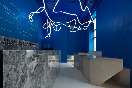 Press kit | 2247-04 - Press release | Galaxy Bar and Bottle Shop - Maxim Kashin Architects - Commercial Interior Design -  Neon flex light installation with grey marble, plywood custom furniture and 'himmelblau' blue walls  - Photo credit:  Dmitry&nbsp;Chebanenkov 