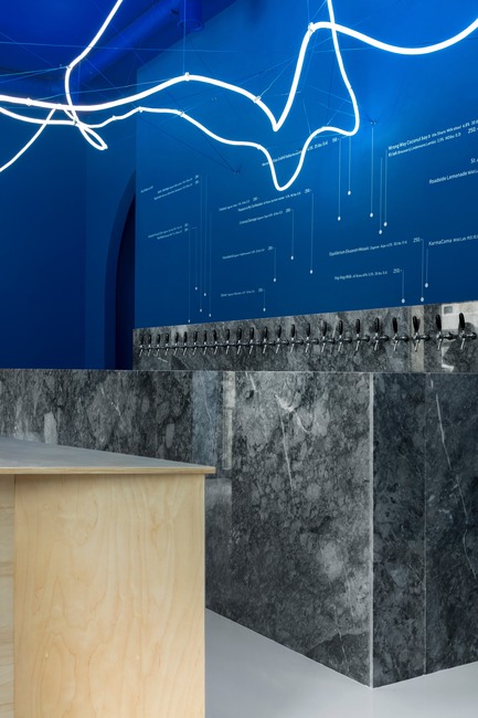 Press kit | 2247-04 - Press release | Galaxy Bar and Bottle Shop - Maxim Kashin Architects - Commercial Interior Design -  Neon flex light installation with grey marble, plywood custom furniture and 'himmelblau' blue walls  - Photo credit: Dmitry&nbsp;Chebanenkov