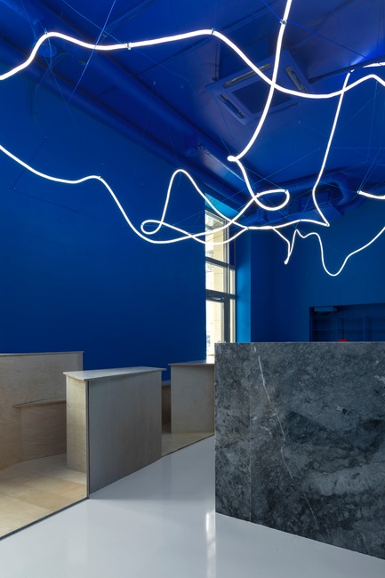 Press kit | 2247-04 - Press release | Galaxy Bar and Bottle Shop - Maxim Kashin Architects - Commercial Interior Design -  Neon flex light installation with grey marble, plywood custom furniture and 'himmelblau' blue walls  - Photo credit:  Dmitry&nbsp;Chebanenkov 