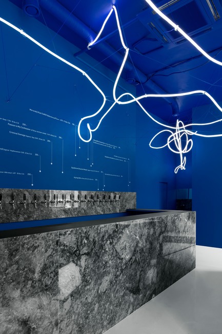 Press kit | 2247-04 - Press release | Galaxy Bar and Bottle Shop - Maxim Kashin Architects - Commercial Interior Design -  Neon flex light installation with grey marble, plywood custom furniture and 'himmelblau' blue walls  - Photo credit: Dmitry&nbsp;Chebanenkov