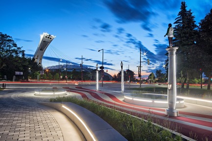 Dossier de presse | 2366-02 - Communiqué de presse | Un graphisme fort pour le parc Guido-Nincheri à Montréal - civiliti - Design urbain -   Vue du parc Guido-Nincheri avec le Stade olympique de Montréal, en arrière-plan<br> - Crédit photo : David Giral