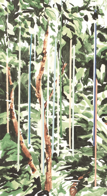 Dossier de presse | 3279-02 - Communiqué de presse | FEATHR Launches New Wallpaper Collection Featuring the Remarkable Landscape Paintings of Tamara Piilola - FEATHR - Design d’intérieur résidentiel - Raindrops Wall Mural in Vintage Green (detail) - Crédit photo : Tamara Piilola/FEATHR.com
