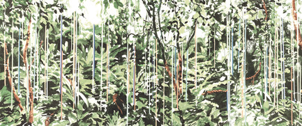 Dossier de presse | 3279-02 - Communiqué de presse | FEATHR Launches New Wallpaper Collection Featuring the Remarkable Landscape Paintings of Tamara Piilola - FEATHR - Design d’intérieur résidentiel - Raindrops Wall Mural in Vintage Green (full mural) - Crédit photo : Tamara Piilola/FEATHR.com