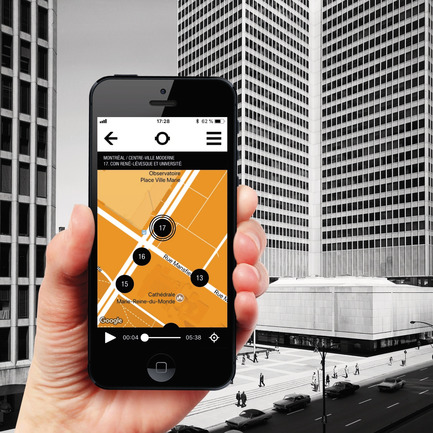 Dossier de presse | 2390-01 - Communiqué de presse | Portrait Sonore lance sa nouvelle application gratuite sur l’art, l’histoire et l’architecture - Portrait Sonore - Design multimédia - Capture d'écran de l'application Portrait Sonore avec en arrière plan la Place Ville-Marie, Montréal. - Crédit photo :  ©&nbsp;Portrait Sonore, 2018 