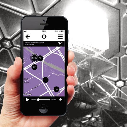Dossier de presse | 2390-01 - Communiqué de presse | Portrait Sonore lance sa nouvelle application gratuite sur l’art, l’histoire et l’architecture - Portrait Sonore - Design multimédia - Capture d'écran de l'application Portrait Sonore (montrant une carte de la balade Winnipeg / Centre-Ville Moderne) à l'intérieur du Centre national des Arts d'Ottawa. - Crédit photo : ©&nbsp;Portrait Sonore, 2016