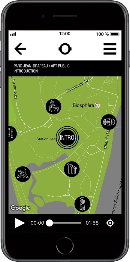 Dossier de presse | 2390-01 - Communiqué de presse | Portrait Sonore lance sa nouvelle application gratuite sur l’art, l’histoire et l’architecture - Portrait Sonore - Design multimédia - Capture d'écran de l'application Portrait Sonore montrant la carte du balado-documentaire Parc Jean-Drapeau / Art Public. - Crédit photo : ©&nbsp;Portrait Sonore, 2018