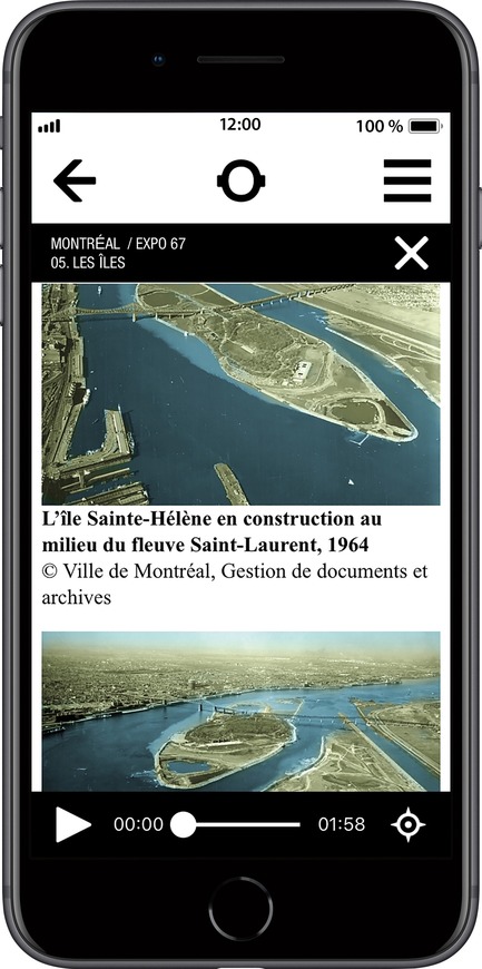Dossier de presse | 2390-01 - Communiqué de presse | Portrait Sonore lance sa nouvelle application gratuite sur l’art, l’histoire et l’architecture - Portrait Sonore - Design multimédia - Capture d'écran de l'application Portrait Sonore montrant une photo d'archive avec vue aérienne de la construction des îles en 1964. - Crédit photo : ©&nbsp;Ville de Montréal, Gestion de documents et archives
