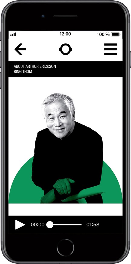 Dossier de presse | 2390-01 - Communiqué de presse | Portrait Sonore lance sa nouvelle application gratuite sur l’art, l’histoire et l’architecture - Portrait Sonore - Design multimédia - Capture d'écran de l'application Portrait Sonore avec la page du menu entrevue et l'architecte vancouvérois Bing Thom. - Crédit photo : ©&nbsp;Portrait Sonore, 2018
