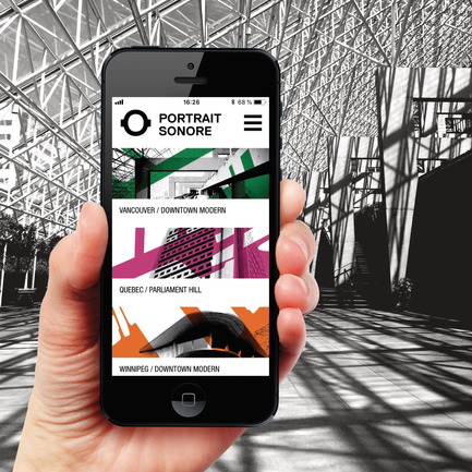 Dossier de presse | 2390-01 - Communiqué de presse | Portrait Sonore lance sa nouvelle application gratuite sur l’art, l’histoire et l’architecture - Portrait Sonore - Design multimédia - Capture d'écran de l'application Portrait Sonore avec en arrière plan une vue intérieure du Palais de la Justice conçu par Arthur Erickson en 1971-1980. - Crédit photo : ©&nbsp;Portrait Sonore, 2018