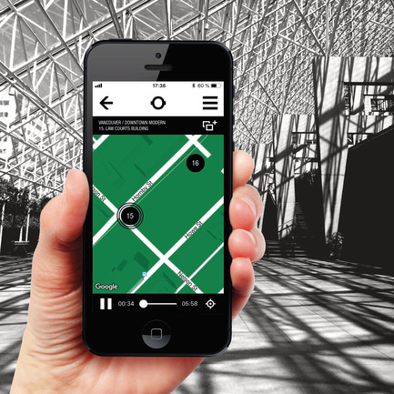 Dossier de presse | 2390-01 - Communiqué de presse | Portrait Sonore lance sa nouvelle application gratuite sur l’art, l’histoire et l’architecture - Portrait Sonore - Design multimédia - Capture d'écran de l'application Portrait Sonore avec en arrière plan une vue intérieure du Palais de la Justice conçu par Arthur Erickson en 1971-1980. - Crédit photo : ©&nbsp;Portrait Sonore, 2018