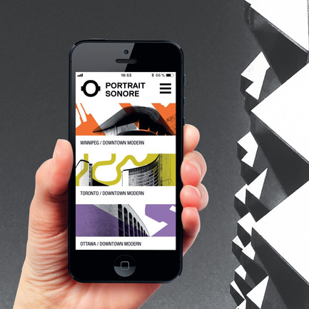 Dossier de presse | 2390-01 - Communiqué de presse | Portrait Sonore lance sa nouvelle application gratuite sur l’art, l’histoire et l’architecture - Portrait Sonore - Design multimédia - Capture d'écran de l'application Portrait Sonore avec en arrière plan un détail de la façade du Centennial Concert Hall de Winnipeg.&nbsp; - Crédit photo : ©&nbsp;Portrait Sonore, 2018