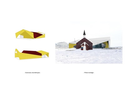 Press kit | 3256-01 - Press release | Nunavik's New Cultural Centre Opens Its Doors - Blouin Orzes architectes - Institutional Architecture - Volumetric studies and collage including historic church<br> - Photo credit: Blouin Orzes architectes 
