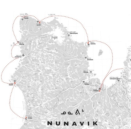 Press kit | 3256-01 - Press release | Nunavik's New Cultural Centre Opens Its Doors - Blouin Orzes architectes - Institutional Architecture - Map of Nunavik showing delivery route along Northern coasts<br> - Photo credit: Blouin Orzes architectes  