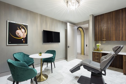 Dossier de presse | 2185-05 - Communiqué de presse | FACE Cosmetic Surgery - Audax - Design d’intérieur commercial - Consultation room provides warmth through its emerald green seating and wood cabinetry  - Crédit photo : Erik Rotter